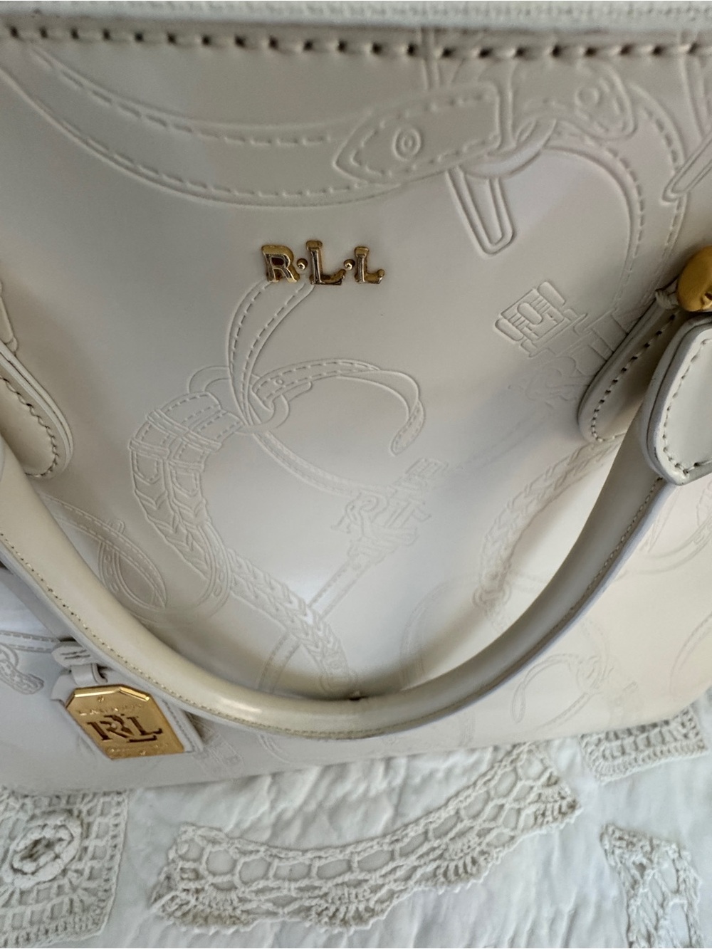 Ralph Lauren “Taylor, Belti Double-Zip Embossed Leather Satchel” in Ivory - Picture 7 of 17